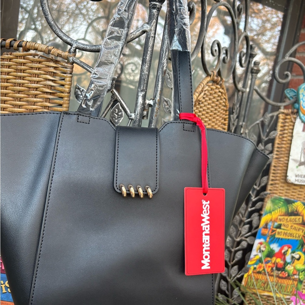 Montana West Black Faux Leather Tote Bag with Gold Accents